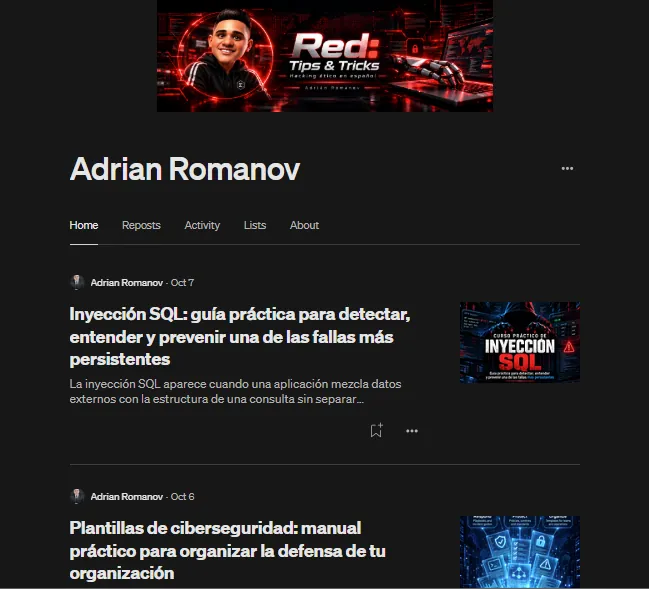 Perfil de Medium: Red Tips & Tricks, hacking ético en español, con los artículos más recientes