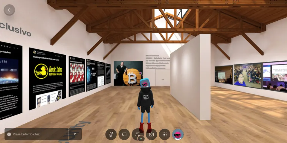 Galería 3D con tu avatar frente a paneles de artículos y fotos
